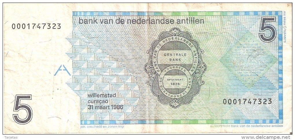 BILLETE DE NEDERLANDSE ANTILLEN DE 5 GULDEN  DEL AÑO 1986  (BANKNOTE) BIRD-PAJARO - Antillas Neerlandesas (...-1986)