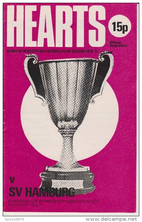 Official Football Programme HEARTS - SV HAMBURG European Cup Winners Cup 1976 3rd Round - Uniformes Recordatorios & Misc