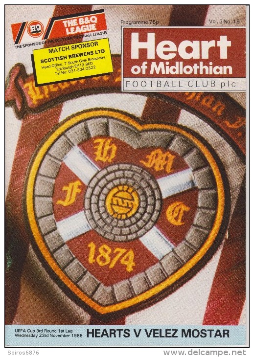 Official Football Programme HEARTS - VELEZ MOSTAR European UEFA Cup 1988 3rd Round - Bekleidung, Souvenirs Und Sonstige