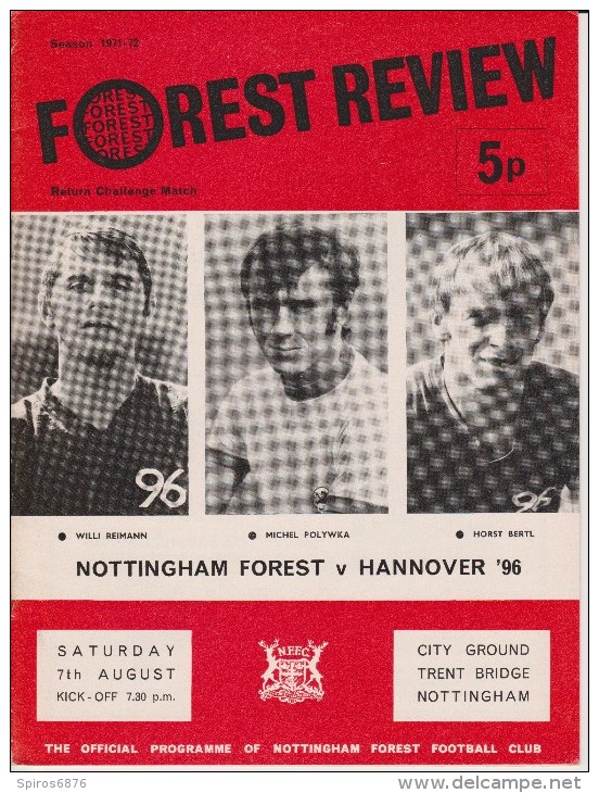 Official Football Programme NOTTINGHAM FOREST - HANNOVER 96 Return Challenge Match 1971 - Bekleidung, Souvenirs Und Sonstige