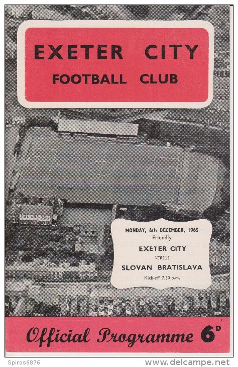 Official Football Programme EXETER CITY - SLOVAN BRATISLAVA Friendly Match 1965 RARE - Uniformes Recordatorios & Misc