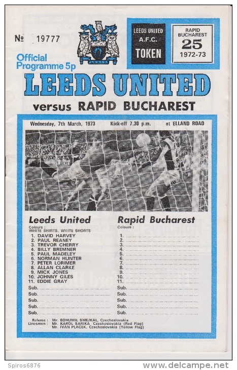 Official Football Programme LEEDS UNITED - RAPID BUCHAREST European Cup Winners Cup 1973 3rd Round - Abbigliamento, Souvenirs & Varie