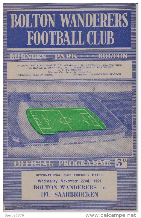 Official Football Programme BOLTON WANDERERS - IFC SAARBRUCKEN Friendly Match 1961 RARE - Habillement, Souvenirs & Autres
