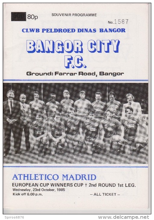 Official Football Programme BANGOR CITY Wales - ATHLETICO MADRID European Cup Winners Cup 1985 2nd Round RARE - Uniformes Recordatorios & Misc