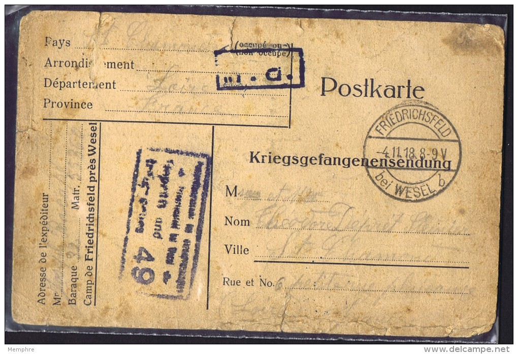 1918  Carte De Prisonnier De Guerre Français  Kriegsgefangenensendung  Friedrischsfeld Bei Wesel - Lettres & Documents