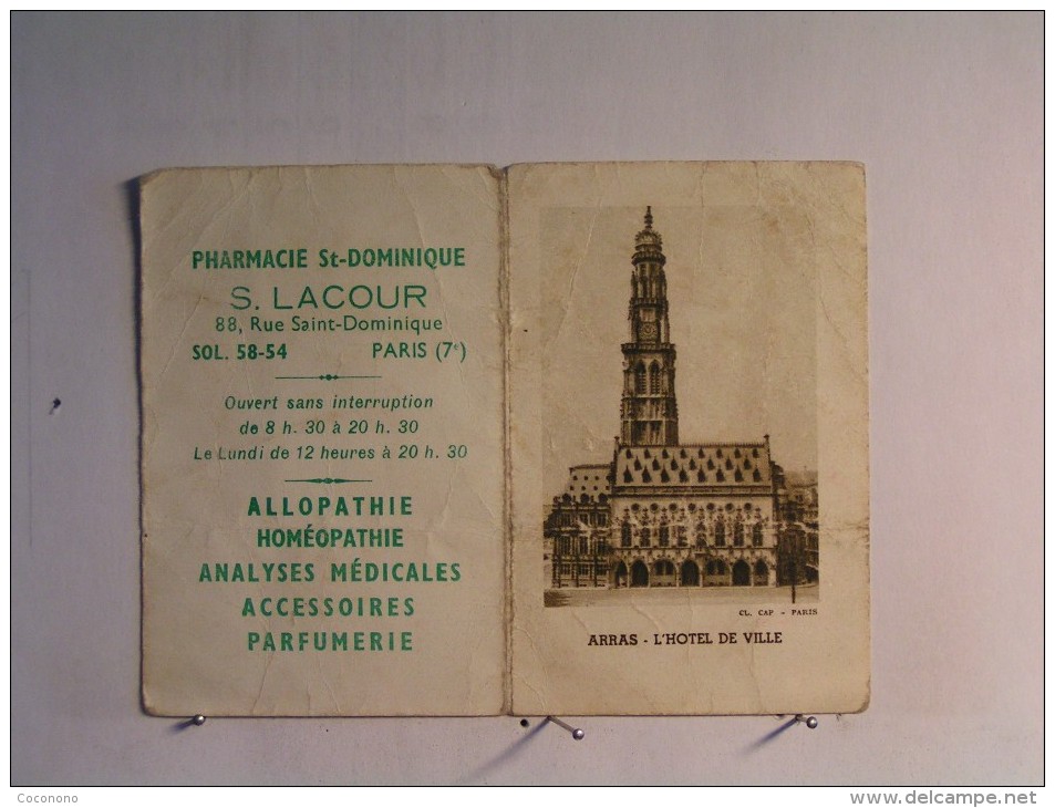 Calendrier Petit Format - 1960 - Pharmacie St Dominique - S. Lacour - Paris 7 ème - Arras - Hotel De Ville - Petit Format : 1941-60