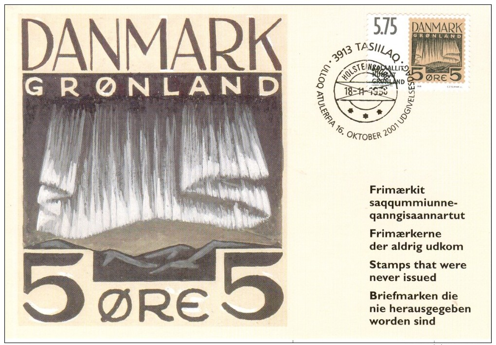 DK-GREENLAND 2001 International Philatelic Exhibit HAFNIA, Postcard Unused Showing The 5 Øre “Northern Lights’’, XF Used - Greenland