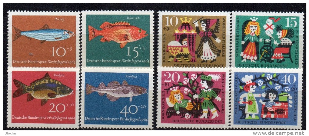 WF/Jugendserie 1964 BRD 412/5+447/0 ** 3€ Fisch Hering Rot-Barsch Karpfen Kabeljau Märchen Dornröschen Fauna Set Germany - Other & Unclassified