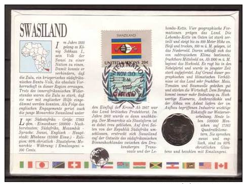 Numisbrief , Swasiland , 20 Cents , 1986 ( G.Schön 41 ) , Briefmarke Swasiland , 1987 , Mi.-Nr. 515 , Rückseite UNO New - Swasiland