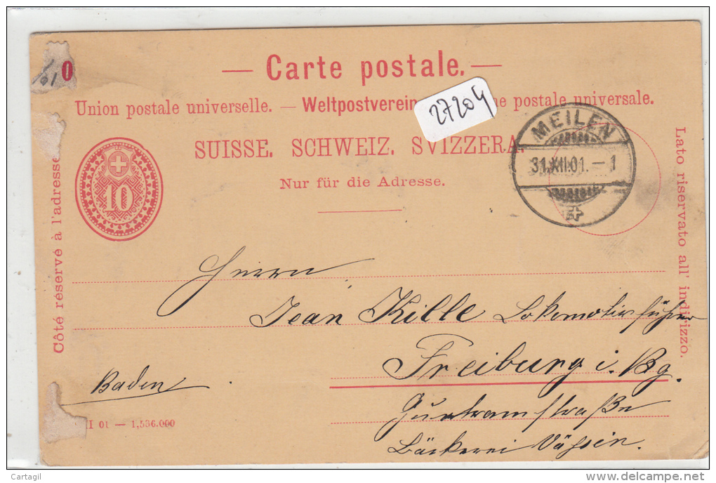 Philatélie  27204 - Suisse - Meilen   - Entier Postal  (1901)-Envoi Gratuit - Enteros Postales