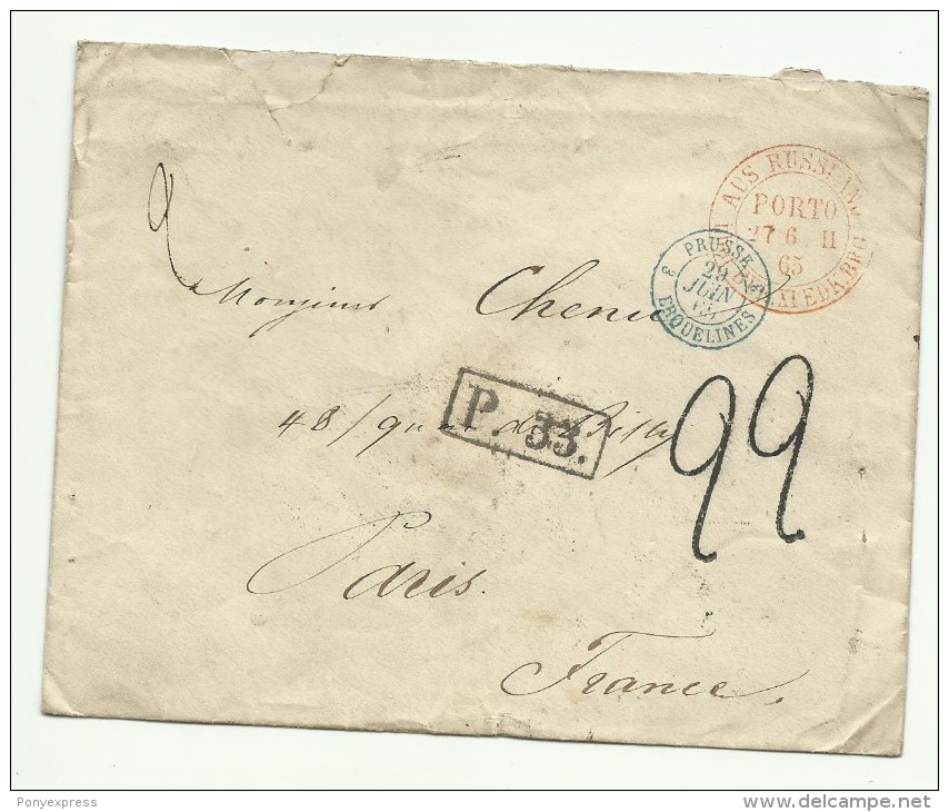 Lettre De Saint Petersbourg Pour Paris En 1865, Marque P.33. Taxe 22, Entrée Par La Prusse - Storia Postale