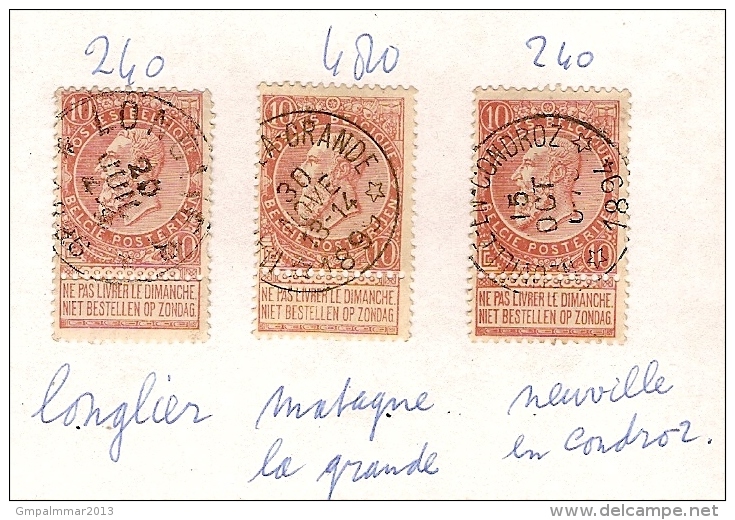 Nr. 57 (3x) Met DEPOTS - RELAIS - Afstempelingen Van LONGLIER , MATAGNE LA GRANDE En NEUVILLE EN CONDROZ! Inzet 15 € ! - 1893-1900 Fine Barbe