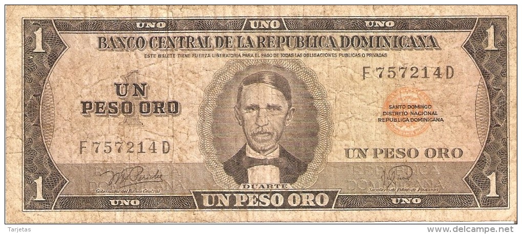 BILLETE DE LA REPUBLICA DOMINICANA DE 1 PESO ORO DEL AÑO 1978 DE DUARTE (BANKNOTE) RARO - Dominicana