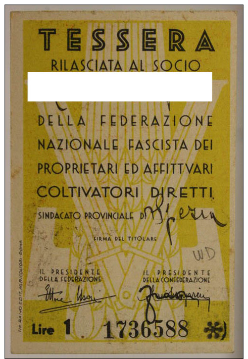 TESSERA CONFEDERAZIONE FASCISTA AGRICOLTORI 1942 CON BOLLO DEL 1943 SOVRAPPOSTO, SPEZIA #T109 - Historische Documenten