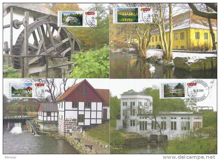 DENMARK (2009) - Cartes Maximum Cards - ATM ACON - Hydropower, Water Mill, Moulin, Hydraulique, Hammer Mill (4 Pcs) - Maximumkarten (MC)