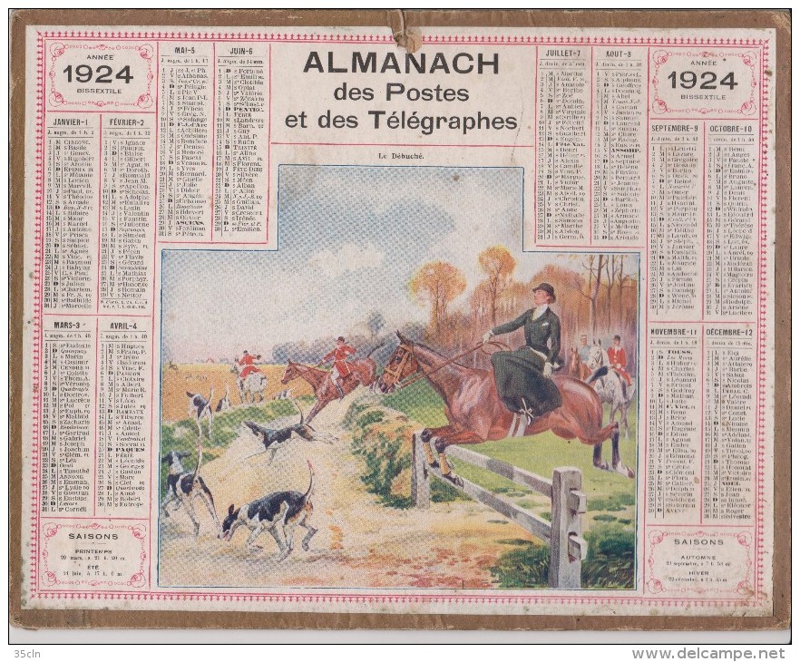 CALENDRIER - ALMANACH Des Postes 1924 - Le Débuché  ( Chasse à Courre ) . Sans Les Feuillets. - Big : 1921-40