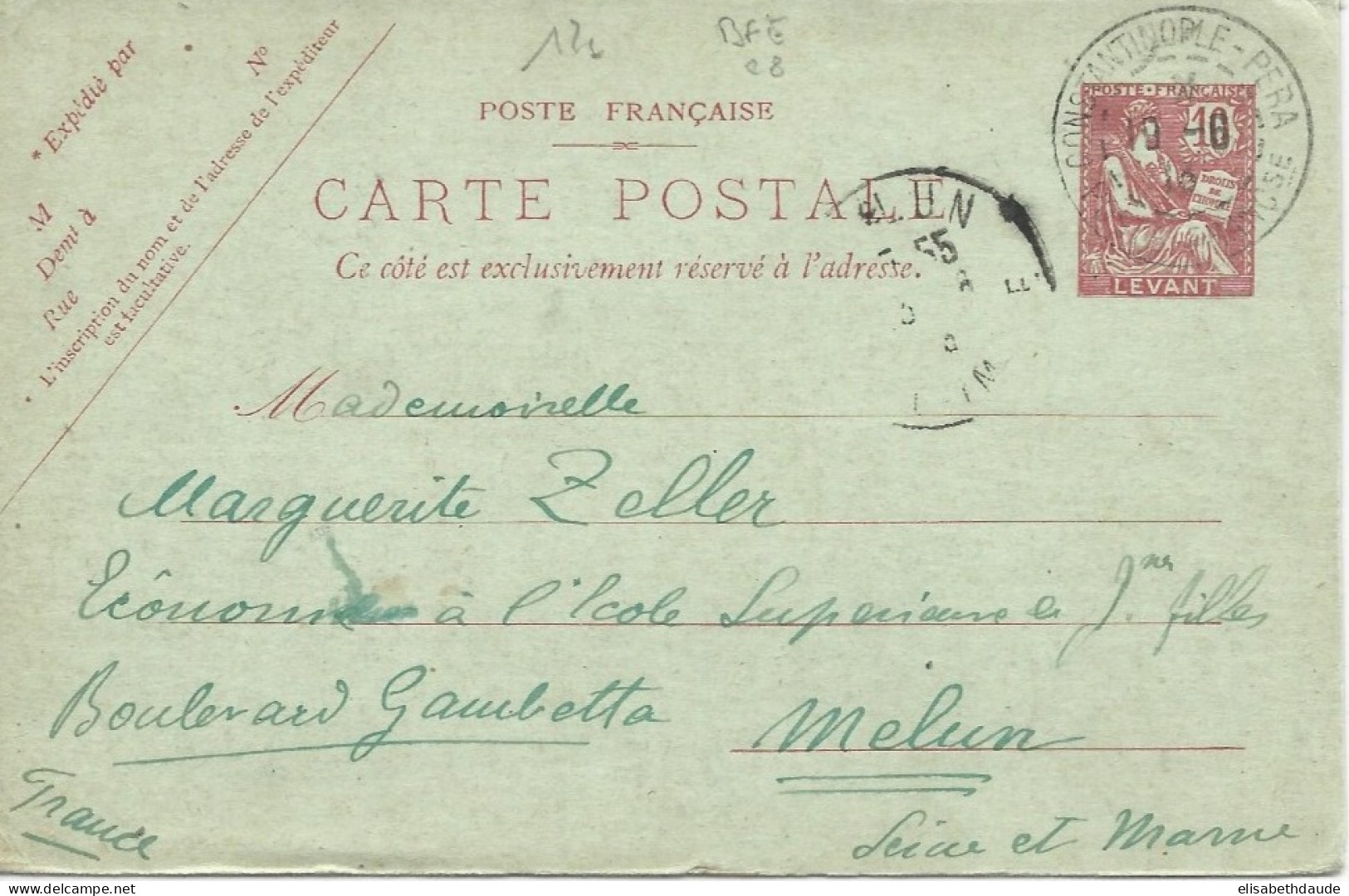 TYPE MOUCHON - 1913 - CARTE ENTIER POSTAL (LEVANT) De CONSTANTINOPLE (TURQUIE) Pour MELUN - Storia Postale