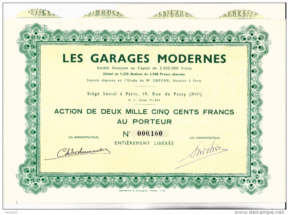 ACTION DE 2500 FRS -  DIVISE EN 1320  ACTIONS -LES GARAGES MODERNES  - - Auto's