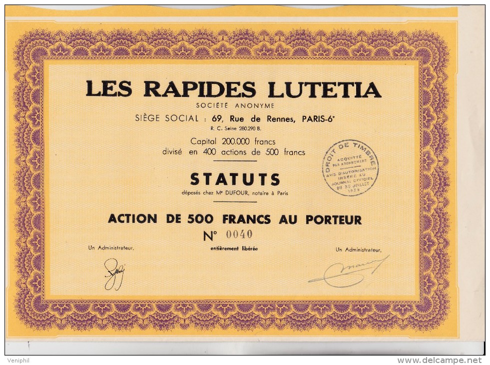 ACTION LES RAPIDES LUTETIA - DIVISE EN 400 ACTIONS DE 500 FRANCS- 1939 - Transporte