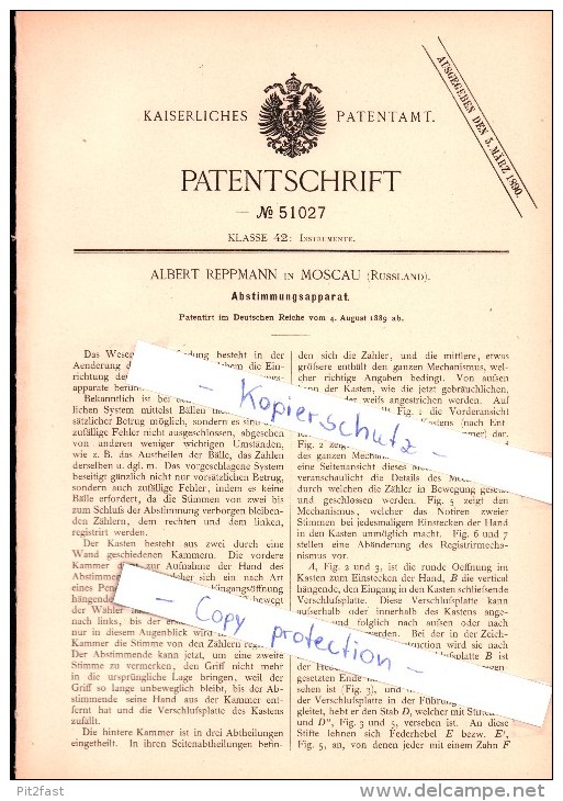 Original Patent - Albert Reppmann In Moscau , Russland , 1889 , Abstimmungsapparat , Wahl , Moskau !!! - Historische Dokumente