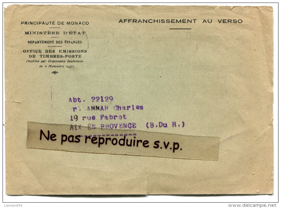 - Lettre Pliée, Principauté De Monaco, Ministère D´état, 2 Timbres Verso, Office Des émissions,1947 Ou 48, Scans. - Postmarks