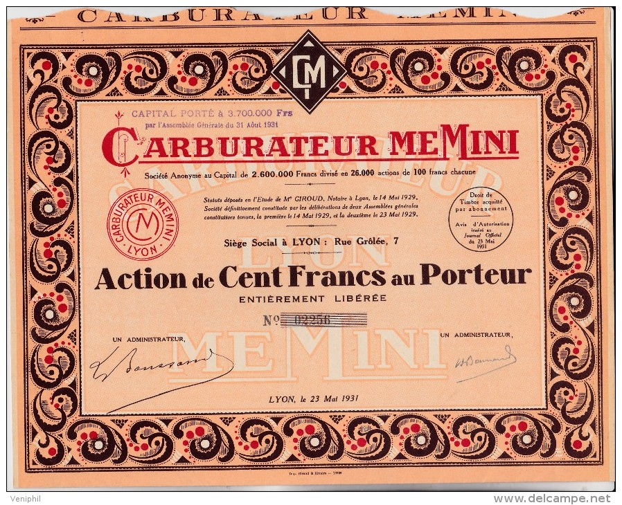 ACTION DE 100 FRANCS CARBURATEUR MEMINI  - 1931 - Automobile