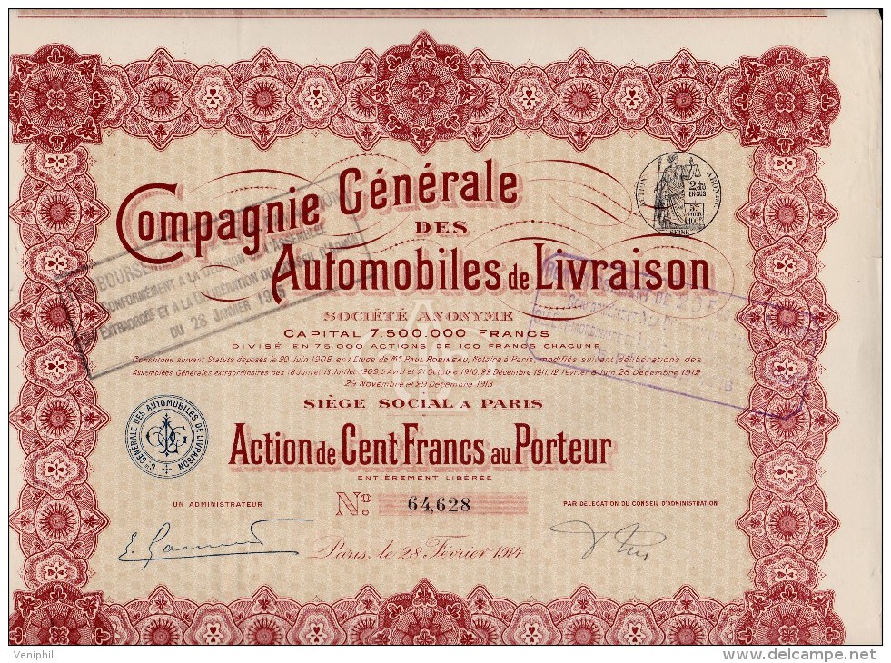 ACTION DE 100 FRANCS -COMPAGNIE GENERALE DES AUTOMOBILES DE LIVRAISON -1914 - Automovilismo