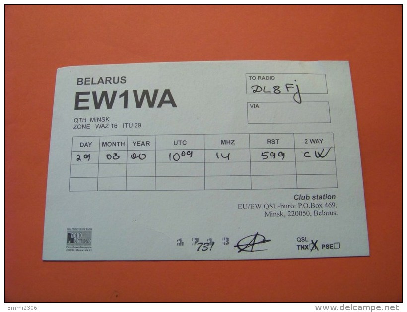 Belarus      QSL   Karte  EW1WA    Radio      29.8.00     ( 14 ) - Radio