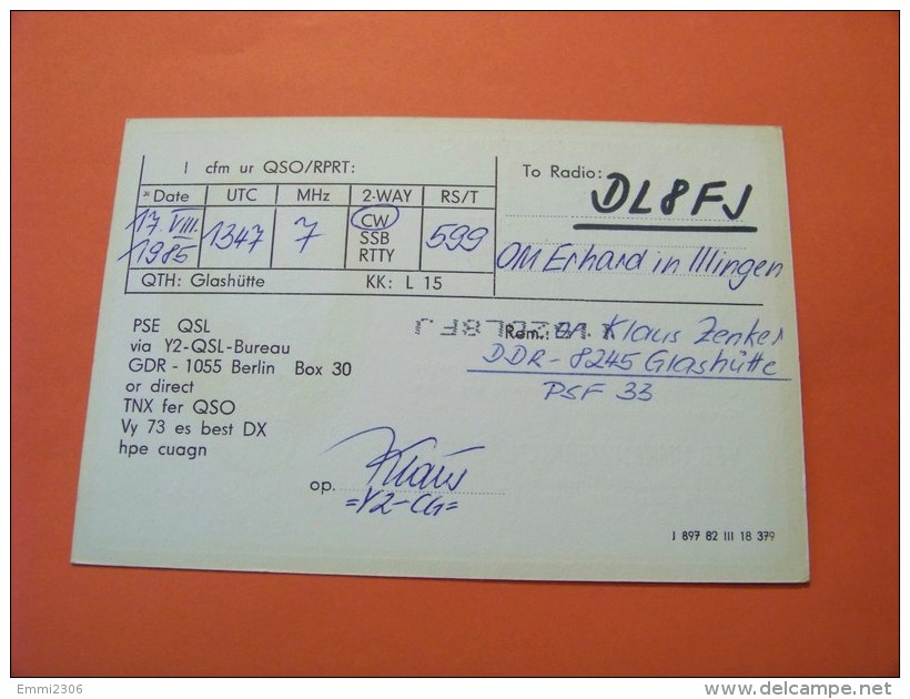 Germany     QSL   Karte     Y64ZL    Radio  17.VIII.1985     ( 14 ) - Radio