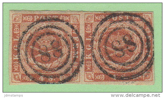 DEN SC #4 PR  1854 Royal Emblems  4 Margins Ea. Stamp, "88" (Mariager) X 2 - Used Stamps