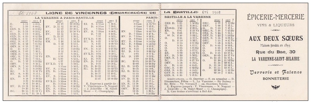 94 LA VARENNE 2 CPA  Epicerie AUX DEUX SOEURS Scan Dos Horaires TRAIN Ligne Chemin De FER PARIS Bastille La Varenne 1908 - Autres & Non Classés