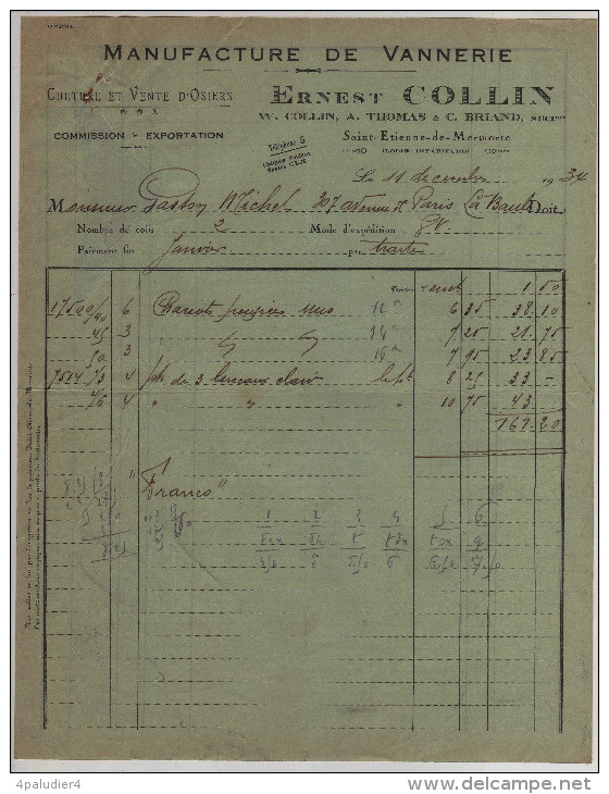 Facture MANUFACTURE DE VANNERIE Ernest COLLIN Saint-Etienne-de-Mermorte 1934 Jouets Chariots Poupée - Sport & Tourismus