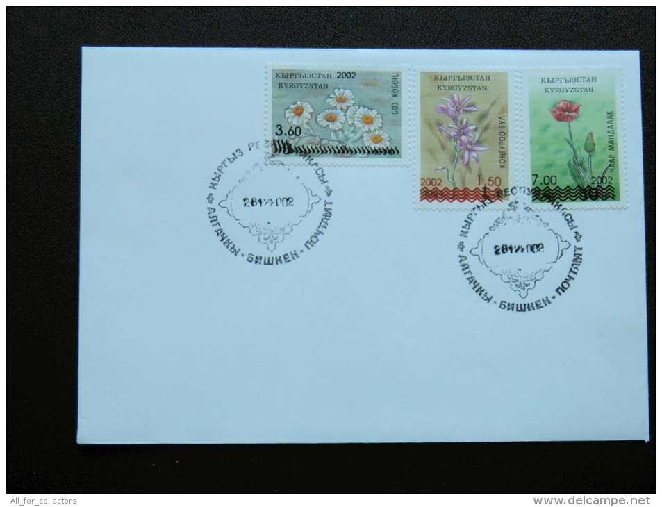 FDC Cover From Kyrgyzstan 2002 Flora Flowers Overprints - Kirghizistan