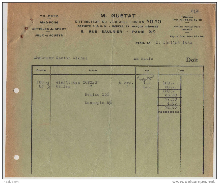 Facture M. GUETAT PARIS Véritable Yoyo Yo-yo DUNCAN ( Duncan Toys Company) 1933 Ping-Pong Sports Jeux Et Jouets - Sport En Toerisme