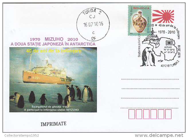 3064- MIZUHO- SECOND JAPONESE ANTARCTIC BASE, SHIP, PENGUINS, SPECIAL COVER, 2010, ROMANIA - Onderzoeksstations