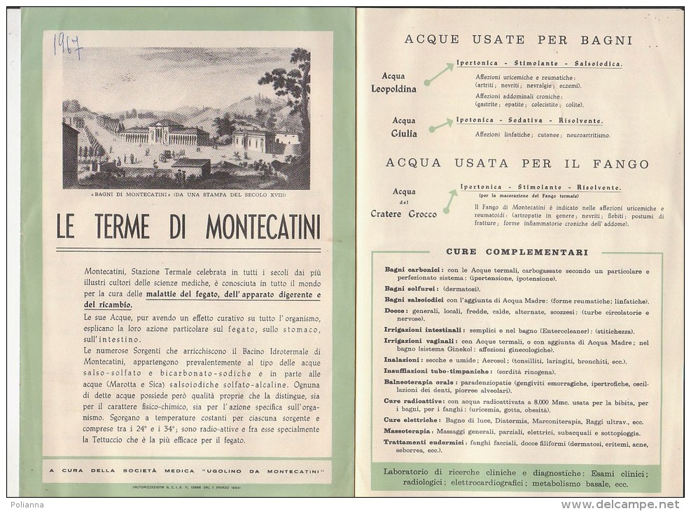 C1486 - Brochure  PISTOIA - TERME DI MONTECATINI - ACQUE TERMALI CURATICE  Soc. Medica "Ugolino Da Montecatini" 1967 - Gezondheid En Schoonheid