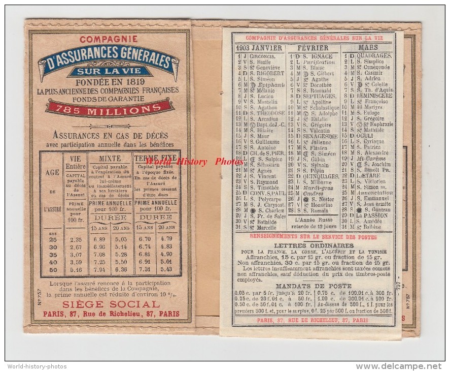 Calendrier Ancien Publicitaire De 1903 - SUPERBE - PARIS - Compagnie D´ Assurances Générales Sur La VIE - Illustrations - Big : 1901-20