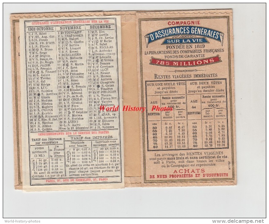 Calendrier Ancien Publicitaire De 1903 - SUPERBE - PARIS - Compagnie D´ Assurances Générales Sur La VIE - Illustrations - Tamaño Grande : 1901-20