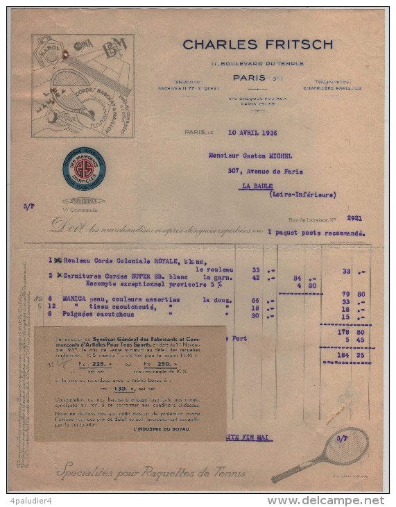 Facture SPECIALITES POUR RAQUETTES DE TENNIS CHARLES FRITSCH PARIS 1936 Cordages, La Manica - Sport & Tourismus