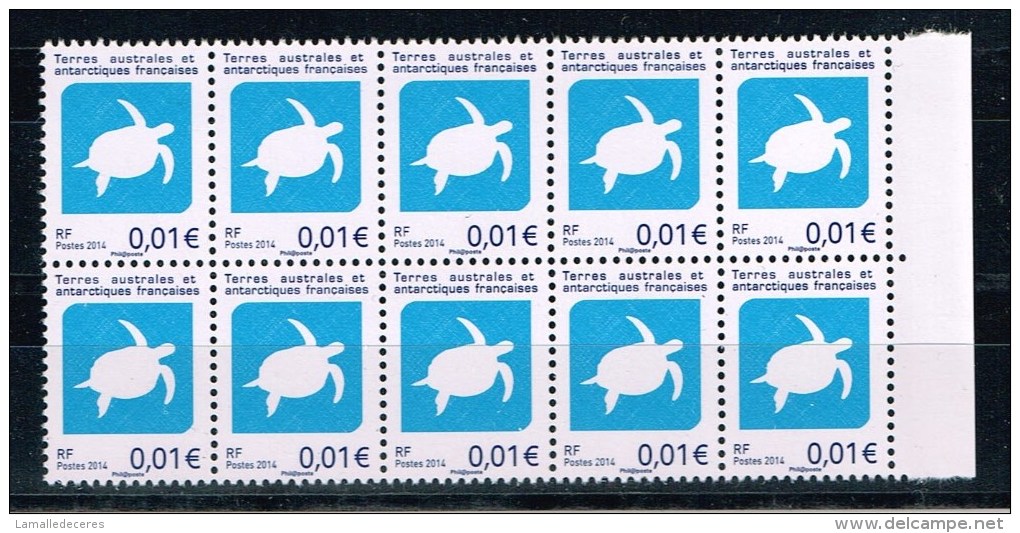 TAAF CENTIME TORTUE 2ème Tirage Mars 2014 Impression OFF SET Bloc De 10 + Bord. - Unused Stamps