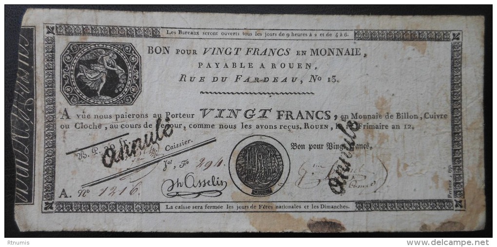 Normandie Rouen Bon De 20 Francs Payable Au 13 Rue Du Fardeau L'an 12 (1803) - Bons & Nécessité