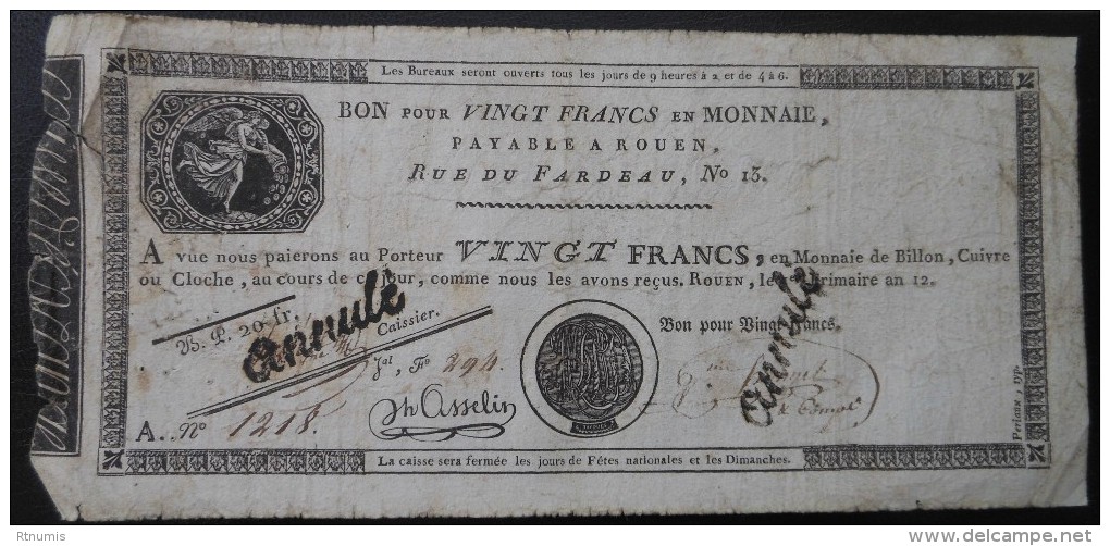 Normandie Rouen Bon De 20 Francs Payable Au 13 Rue Du Fardeau L´an 12 (1803) - Bons & Nécessité