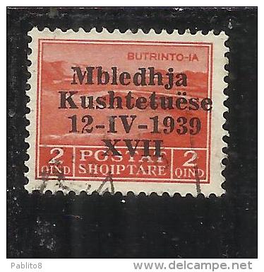 ALBANIA 1939 ASSEMBLEA COSTITUENTE 2q USATO USED OBLITERE' - Albanie