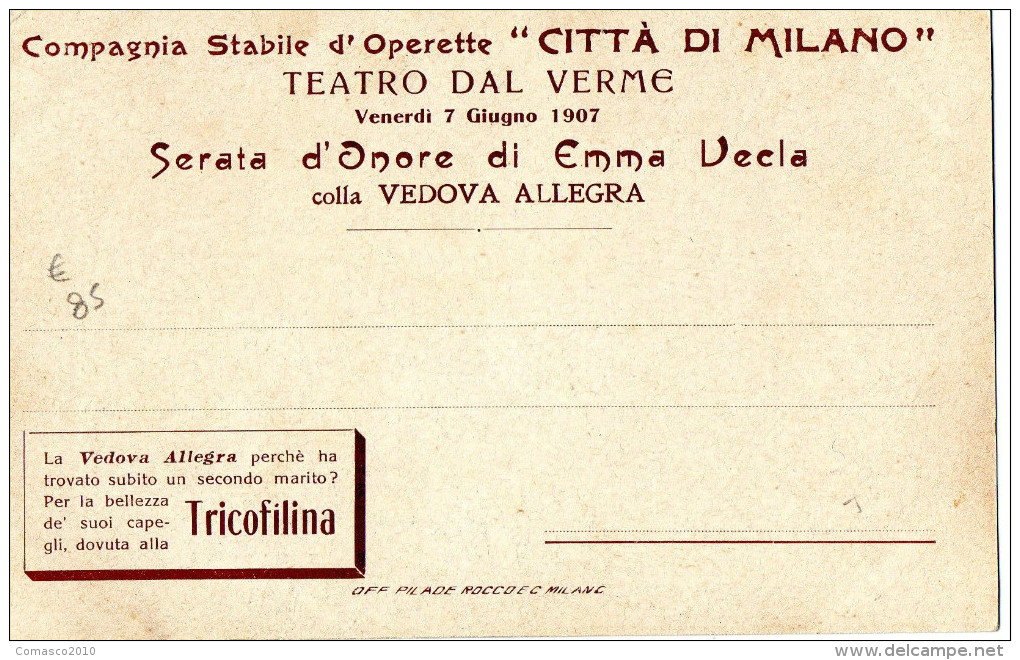 CARTOLINA D'EPOCA SERATA D'ONORE DI EMMA VECLA TEATRO DAL VERME 7 GIUGNO 1907  RARA!!! - Ricevimenti