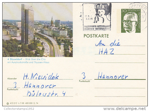 3249- PRESIDENT GUSTAV HEINEMANN, DUSSELDORF TOWN PANORAMA, POSTCARD STATIONERY, 1974, GERMANY - Cartoline Illustrate - Usati