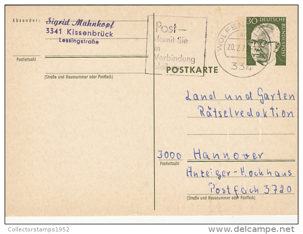 3253- PRESIDENT GUSTAV HEINEMANN, POSTCARD STATIONERY, 1974, GERMANY - Cartoline Illustrate - Usati