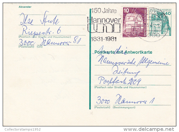 3283- CASTLES, ARCHITECTURE, TRAIN STAMP, POSTCARD STATIONERY, 1981, GERMANY - Postcards - Used