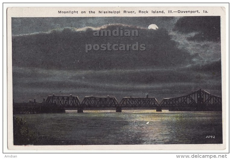 Moonlight On Mississippi - Davenport IA - Rock Island Bridge - C1920s Vintage Iowa Scenic Postcard - Davenport