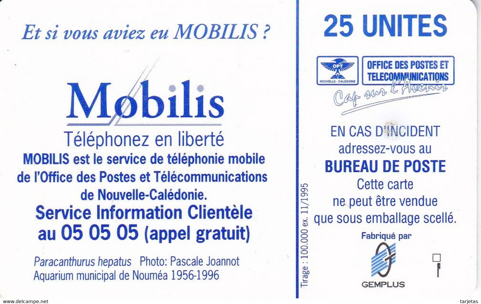 TARJETA DE NUEVA CALEDONIA DE 25 UNITES DE UN PEZ CHIP G-2 (FISH)  TIRADA 100000 DEL 11/95 - New Caledonia