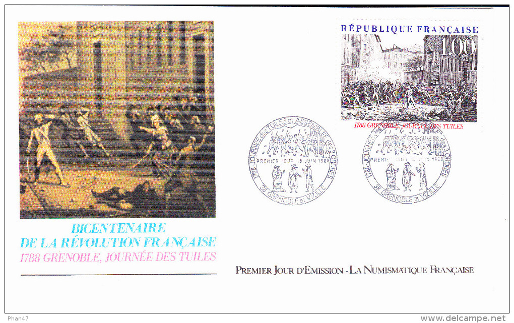 GRENOBLE Et VIZILLE (38), Bicentenaire De La Révolution Française, Journée Des Tuiles, Dessin R. Druet, FDC, 18/06/1988 - 1980-1989